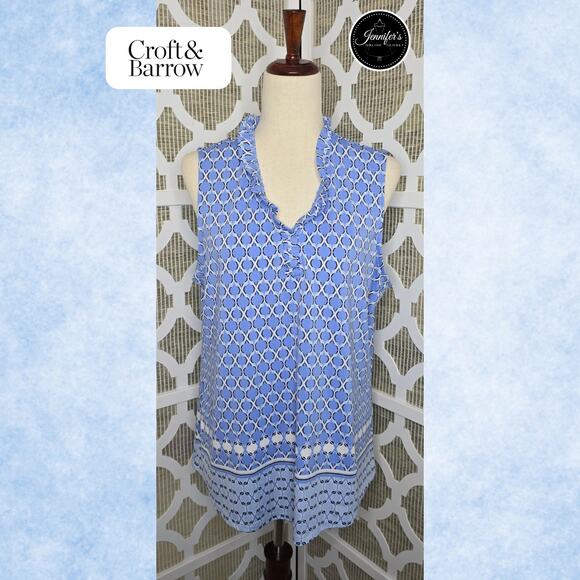 Croft & Barrow Light Blue & White Ruffle Neckline Sleeveless Tunic Top Size XL - Picture 1 of 10
